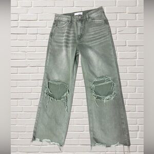 Vervet Sage Green Distressed Wide Straight Leg Jeans Size 26 High Rise Raw Hem
